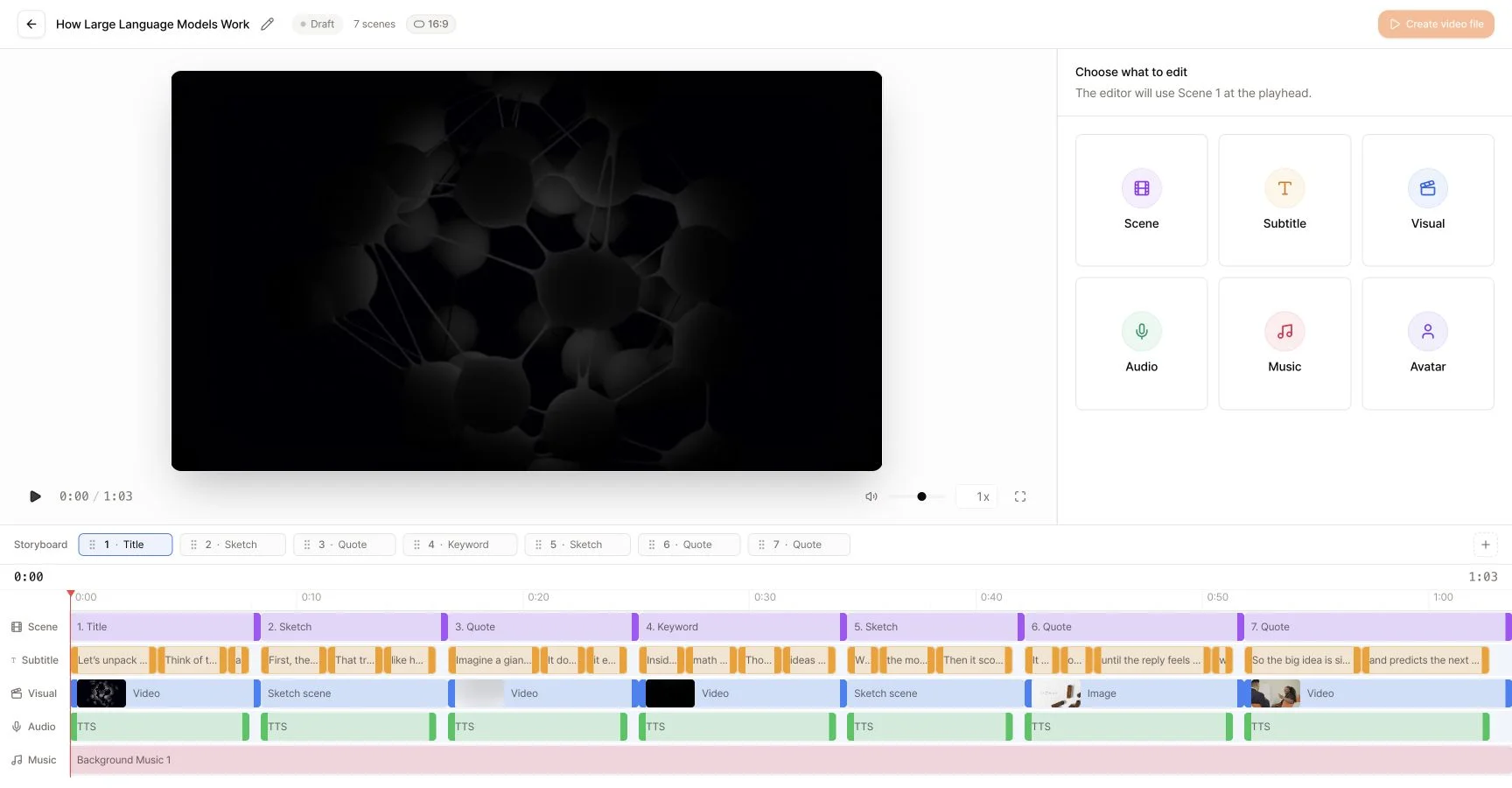 TutorFlow video editor showing a lesson preview, scene controls, and storyboard timeline